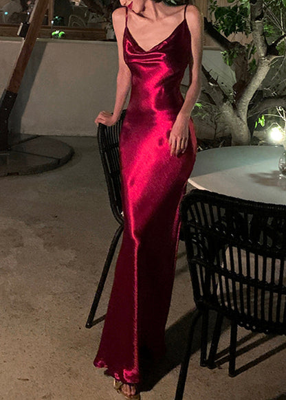 Red V Neck Silk Long Spaghetti Strap Dress Summer