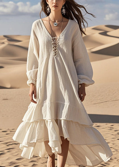 White Oversized Ruffles Cotton Long Dress Fall