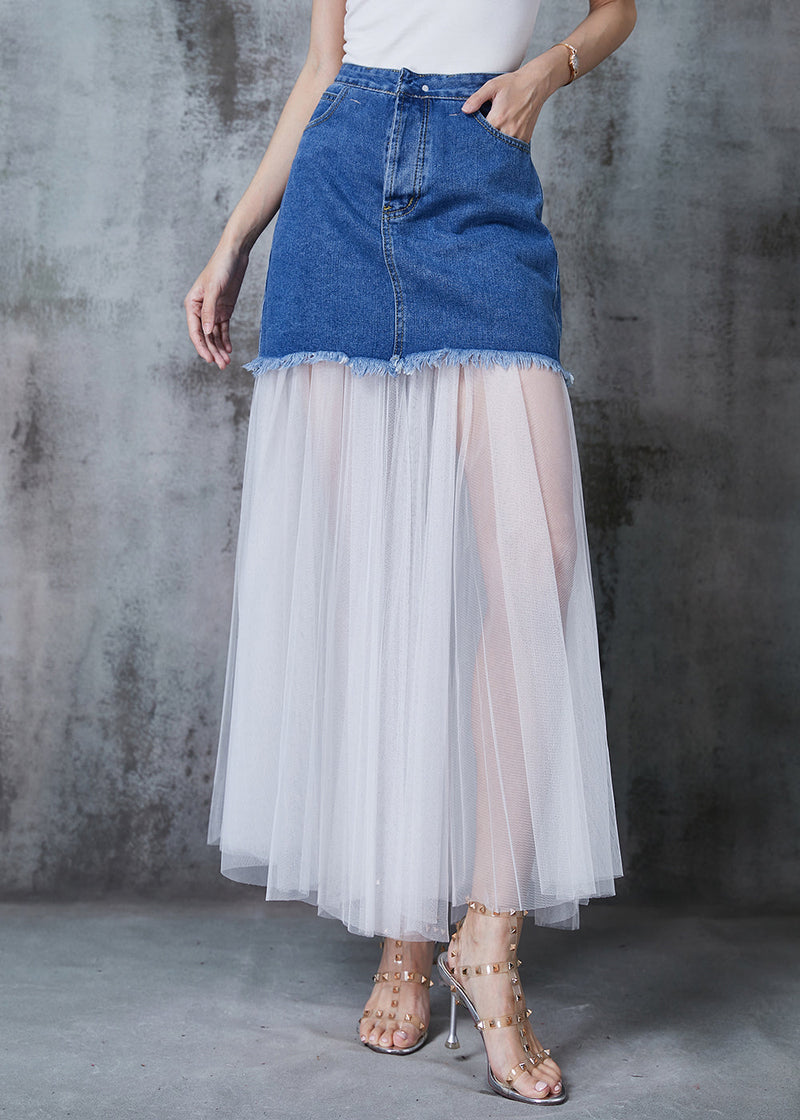 Style Denim Blue Patchwork Tulle Wear on Both Sides Skirt Summer