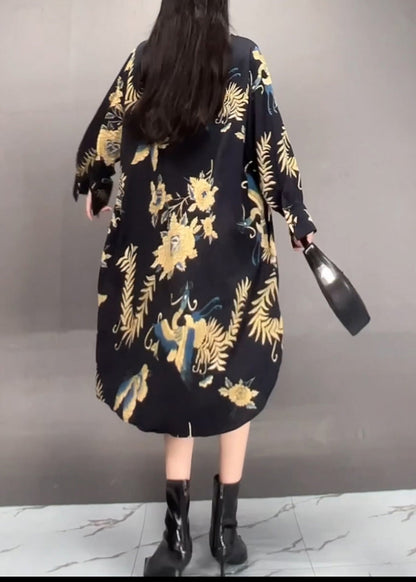 Black Peter Pan Collar Asymmetrical Print Long Dress Fall