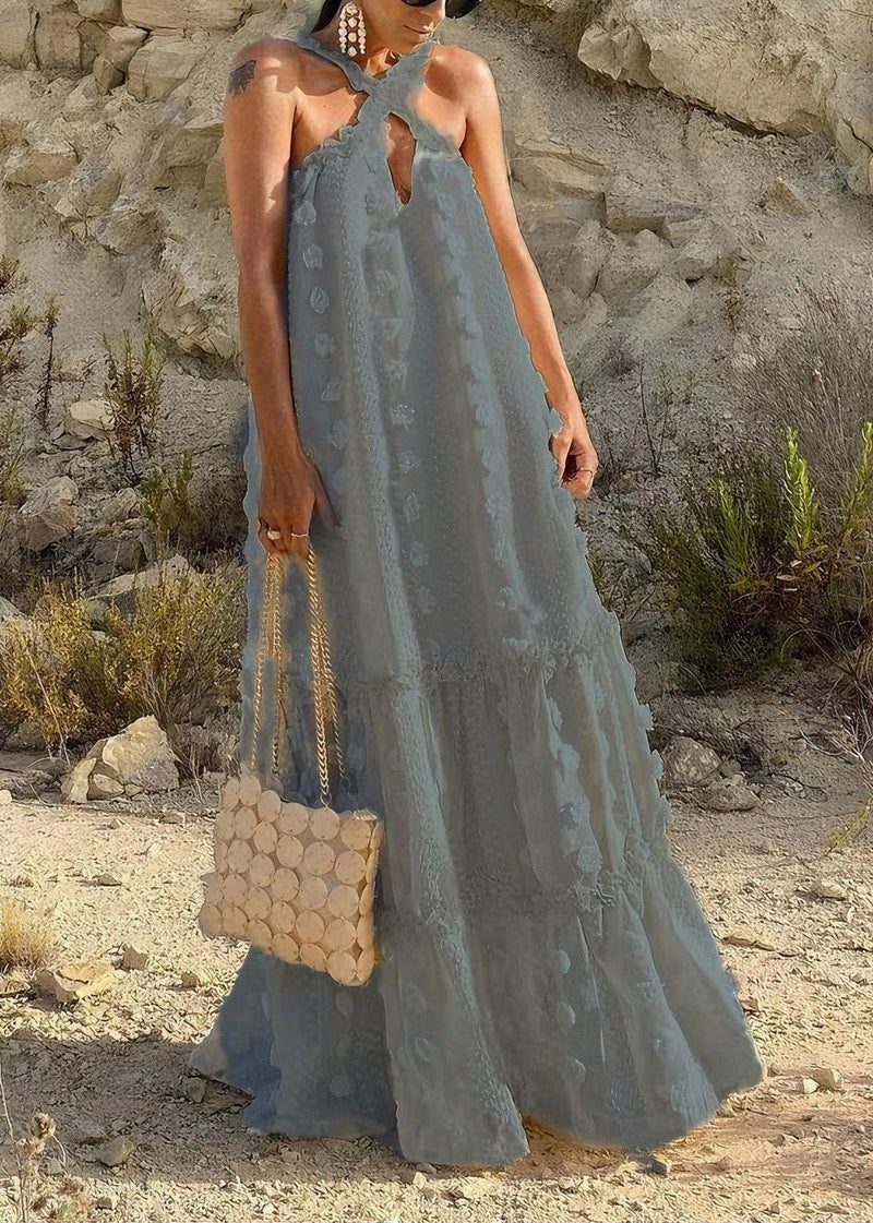 Natural White Ruffled Patchwork Cotton Long Dresses Summer
