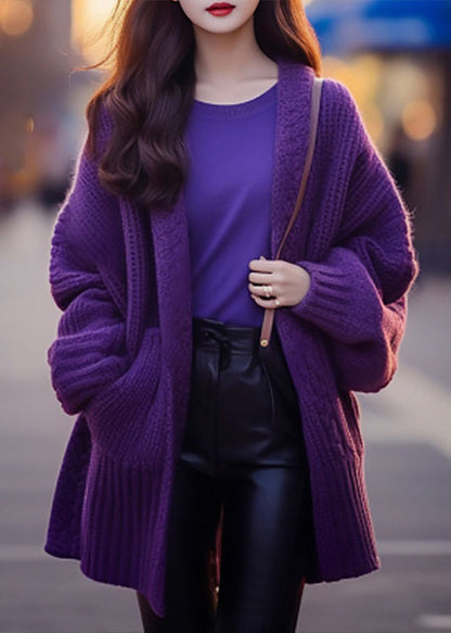 Purple V Neck Pockets Cotton Knit Cardigan Long Sleeve