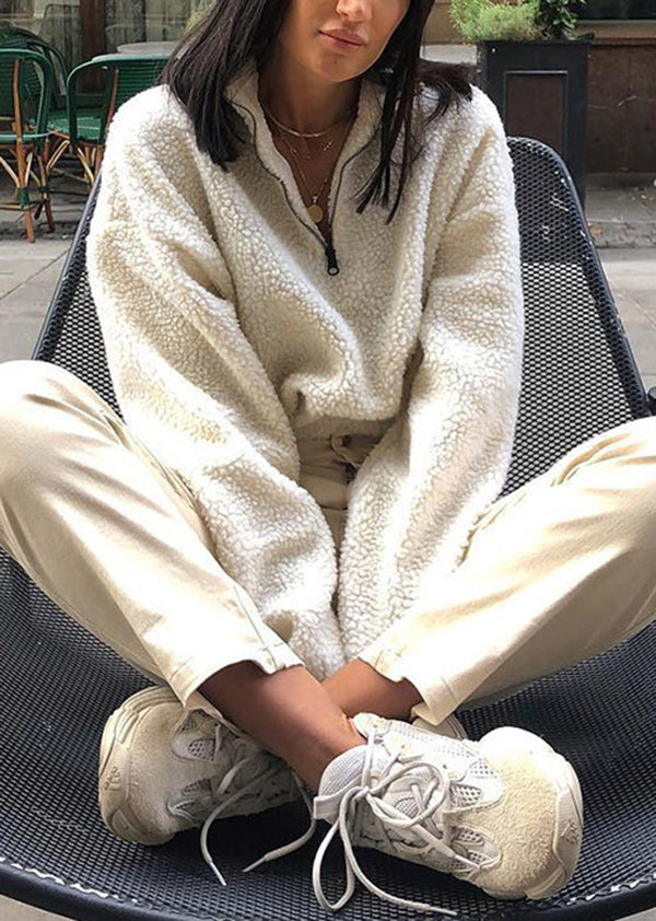 White Zip Up Patchwork Faux Fur Pullover Tops Fall