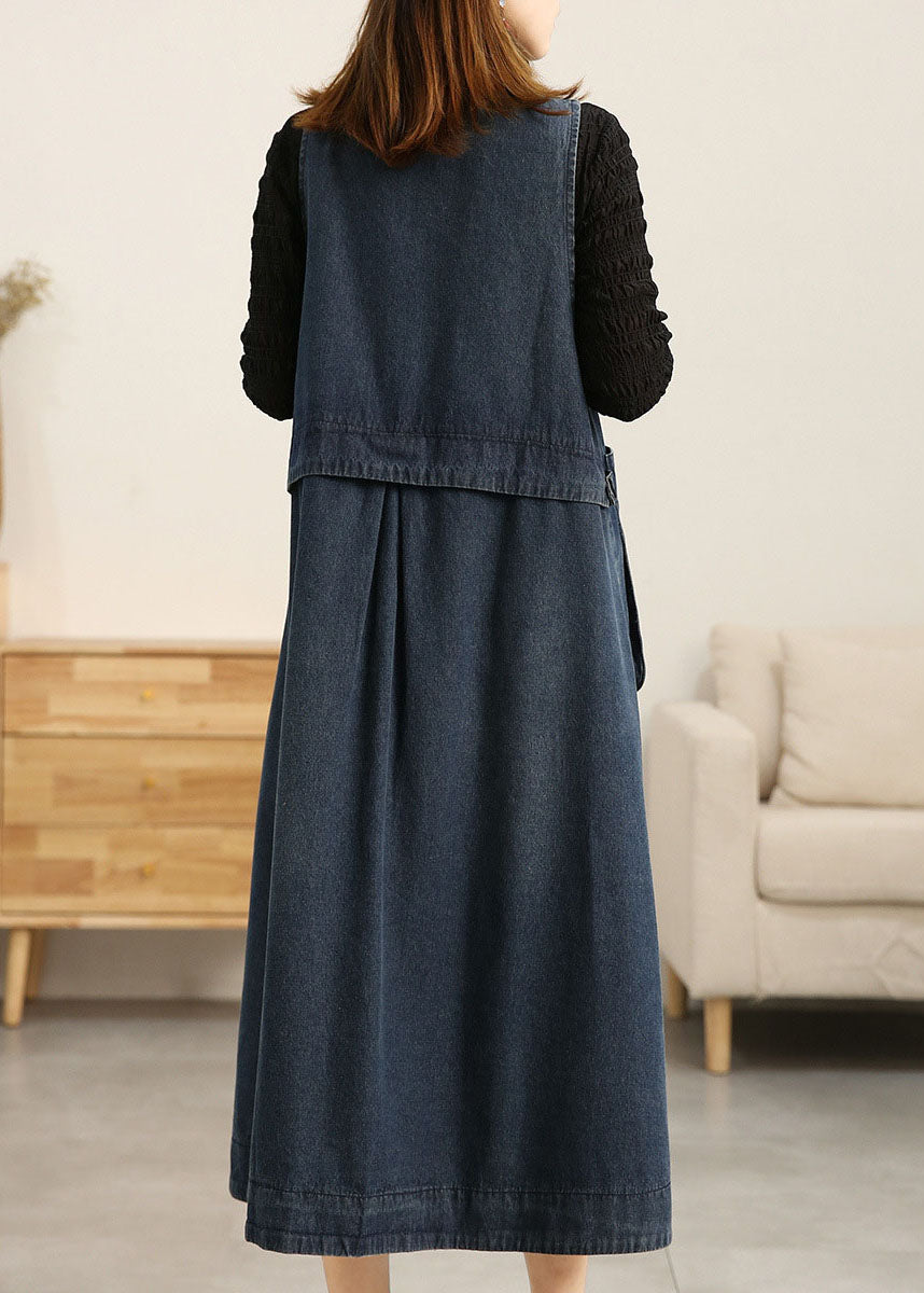 Denim Blue V Neck Patchwork Pockets Cotton a Line Dress Sleeveless