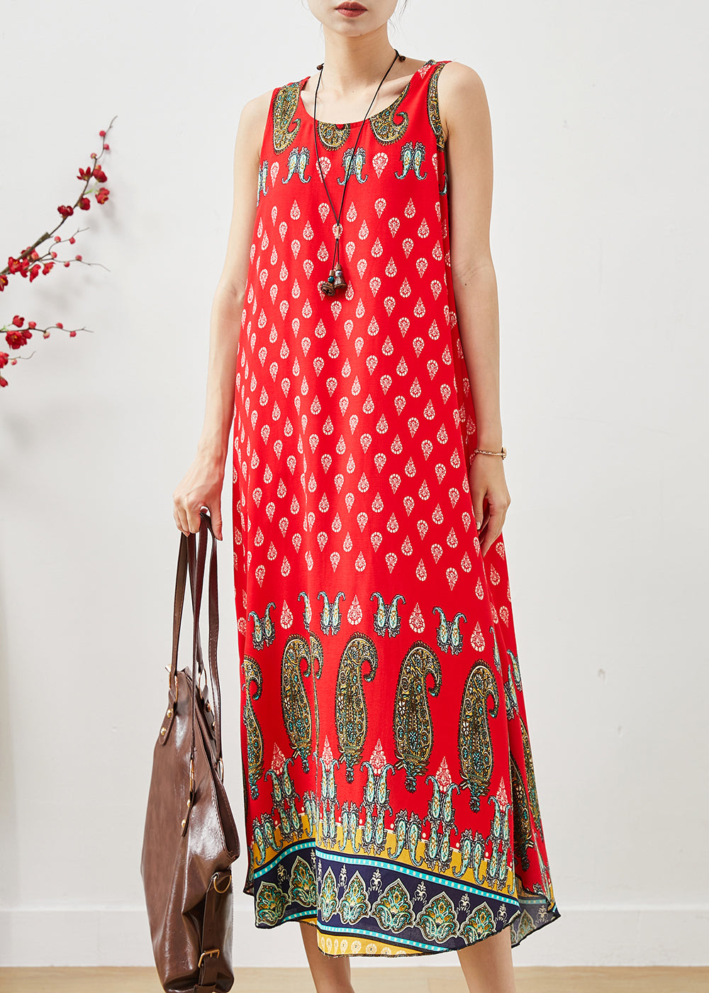 Red Oversized Print Cotton Dress Summer