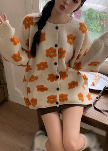 Apricot Cotton Knit Sweater Coats Long Sleeve
