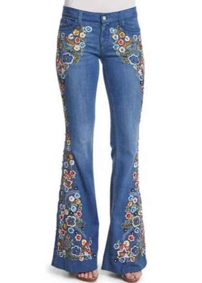New Blue Embroidered High Waist Denim Flared Trousers Spring