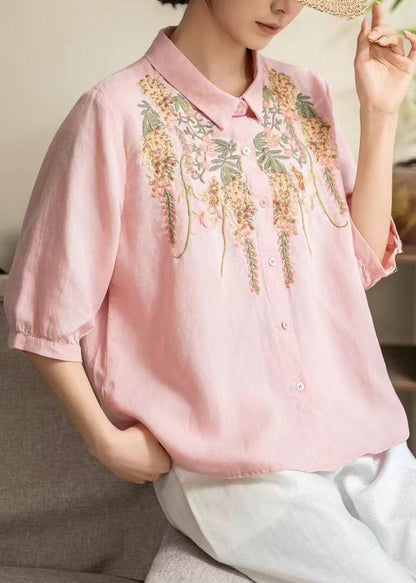 Yellow Peter Pan Collar Embroidered Linen Shirt Tops Summer
