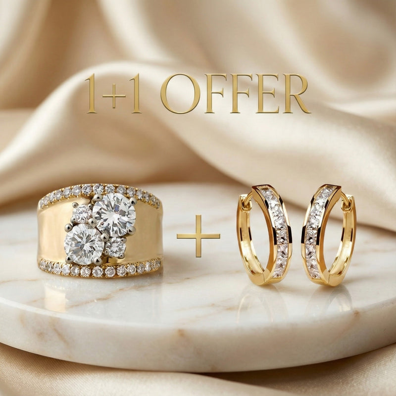 1+1 Offer: Golden Bright Zirconia Ring + Gold and Crystal Earrings