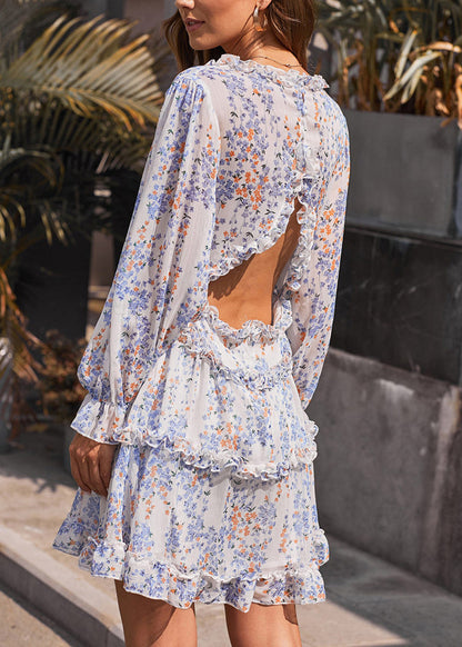 Stylish V Neck Ruffled Print Chiffon Mid Dresses Spring