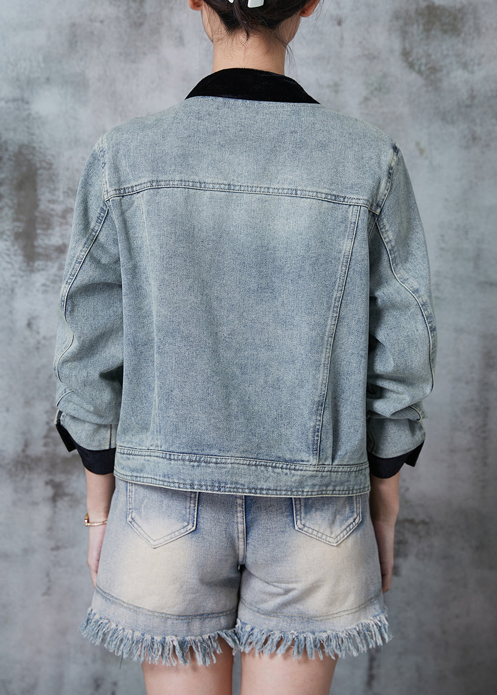 Blue Grey Mandarin Collar Patchwork Chinese Button Denim Coat Fall