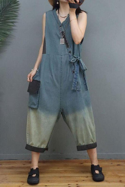Denim Color Patchwork Patchwork Cinched Sleeveless Jumpsuits Dungarees