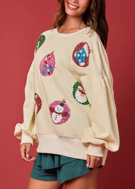 Apricot O Neck Sequins Corduroy Sweatshirts Winter