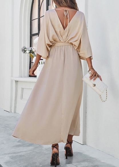 Classy Champagne V Neck Lace Up Silk Dresses Batwing Sleeve
