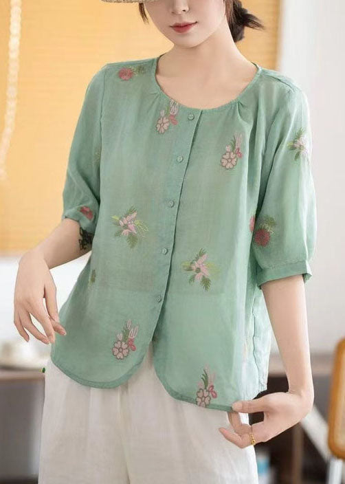 Green Embroidered Linen Top Half Sleeve