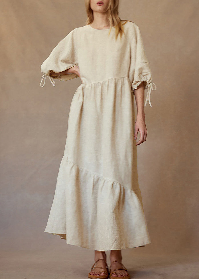 New Apricot O Neck Patchwork Linen Dress Lantern Sleeve