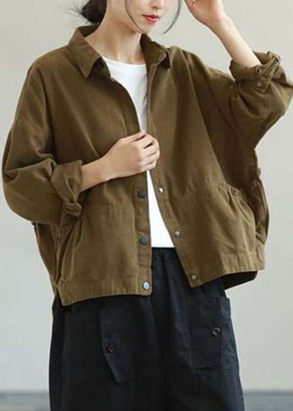 Army Green Ruffled Pockets Color Cotton Jacket Long Sleeve