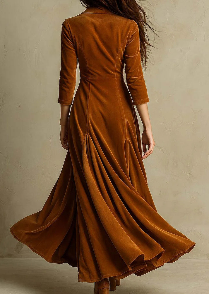 Original Design Brown Peter Pan Collar Velour Dress Autumn