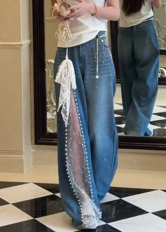 Blue Pockets Zircon Lace Patchwork Denim Pants Fall