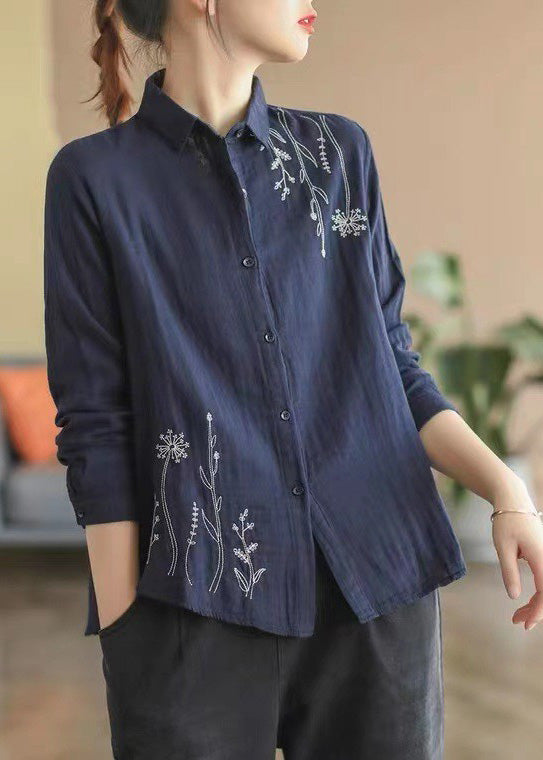 Navy Blue Embroidered Cotton Shirt Spring