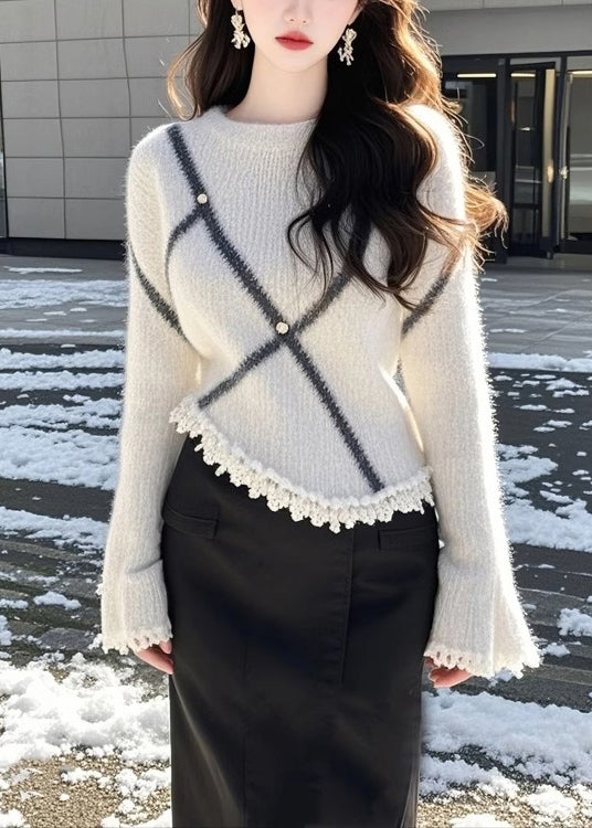 Beige O Neck Patchwork Knit Sweaters Flare Sleeve