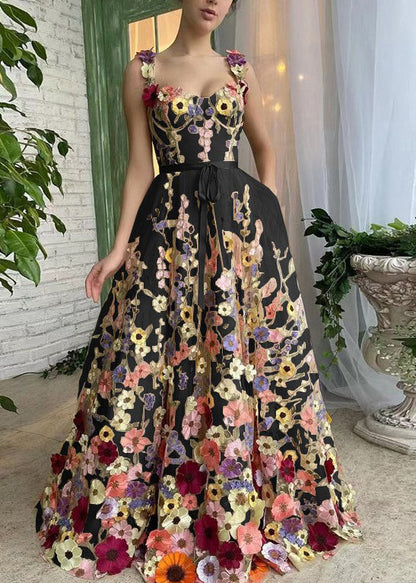 Black Embroidered Lace Up Tulle Dress Sleeveless
