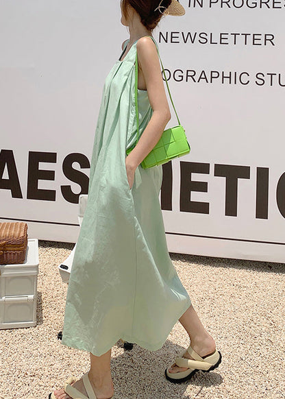 Organic Green Backless Pockets Cotton Long Dresses Summer
