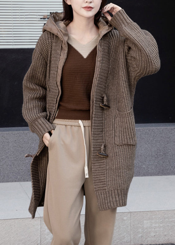 Simple Beige Button Fake Two Pieces Cotton Knit Hooded Coats Spring