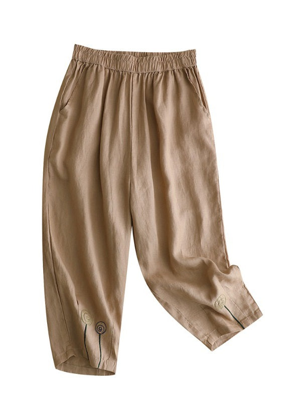Brief Khaki Embroidered High Waist Linen Harem Pants Summer