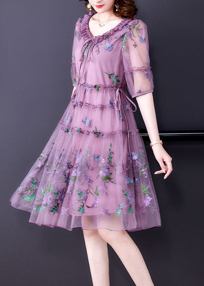 Purple Embroidered Tulle Holiday Dress Short Sleeve