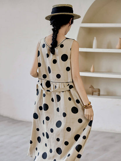 Summer Dot Drawstring Linen Vest Dress