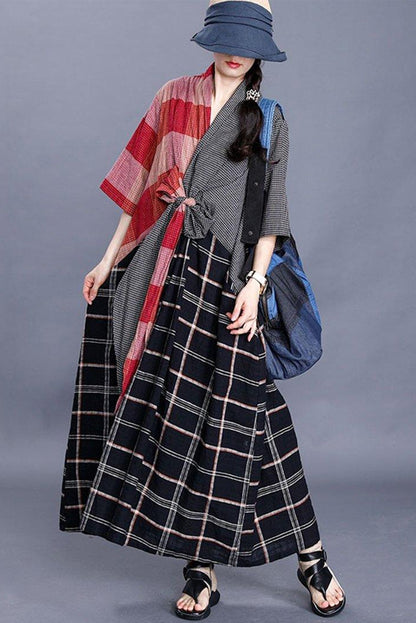 -v-neck Panelled Plaid Maxi Dress