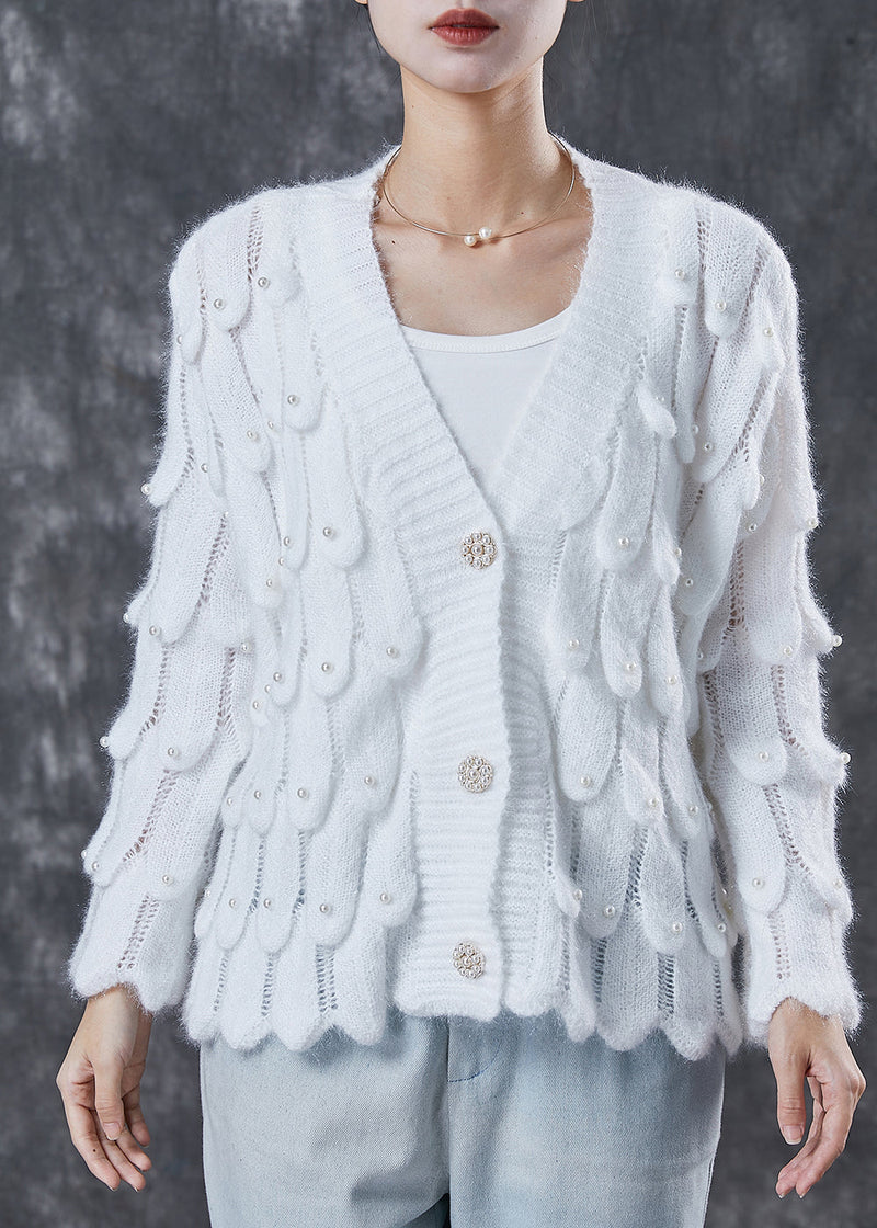 White Cozy Knit Cardigan V Neck Nail Bead Spring