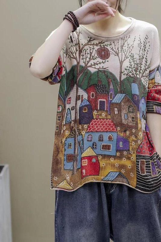 Split Hem Printed Half Sleeve Knitted T-shirt