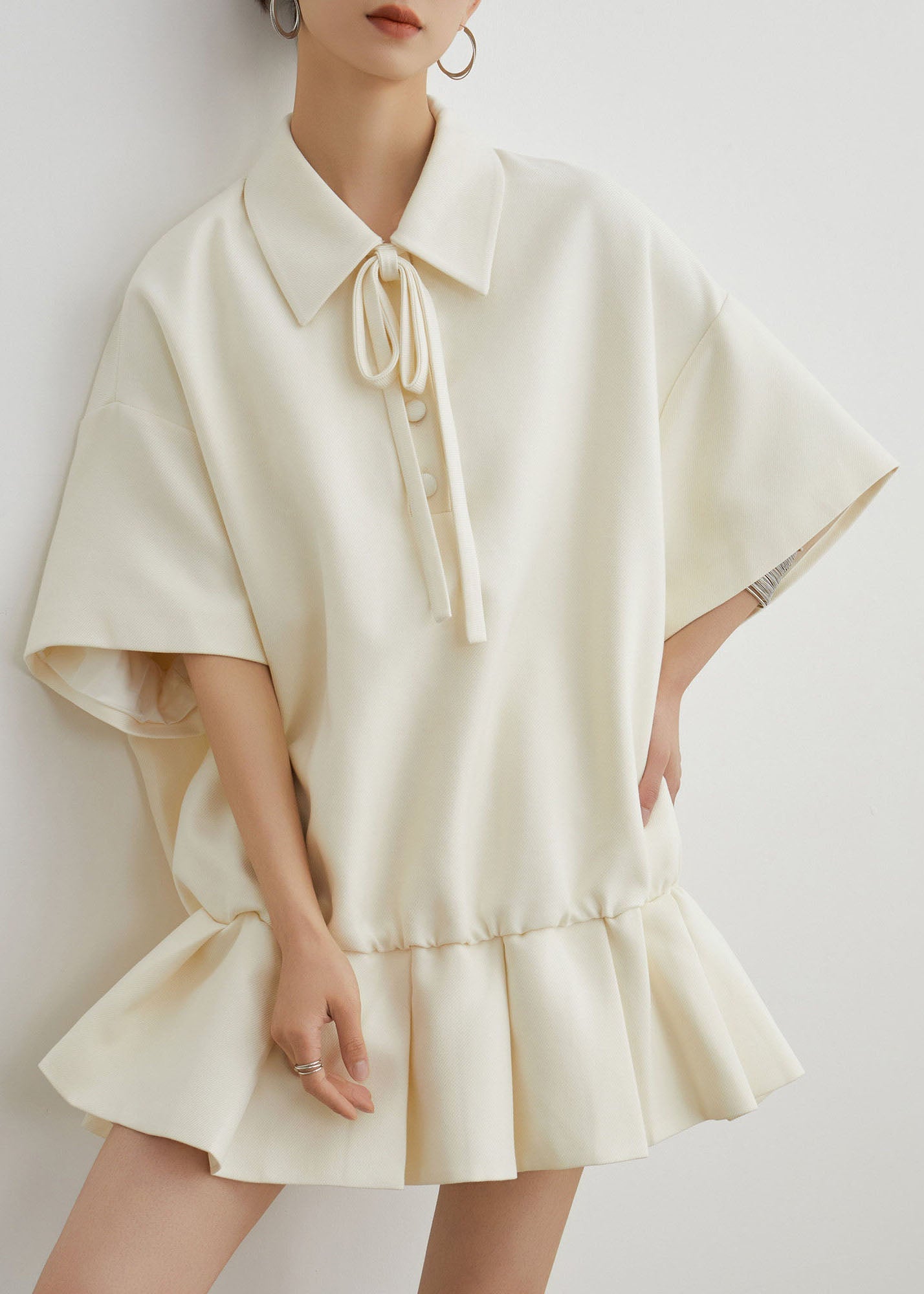 Beige Peter Pan Collar Wrinkled Patchwork Cotton Dress Summer