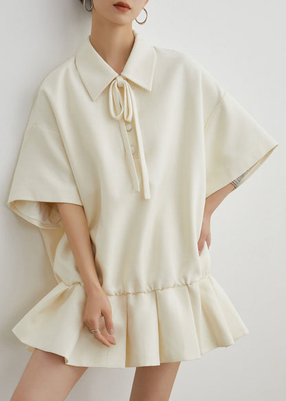 Beige Peter Pan Collar Wrinkled Patchwork Cotton Dress Summer