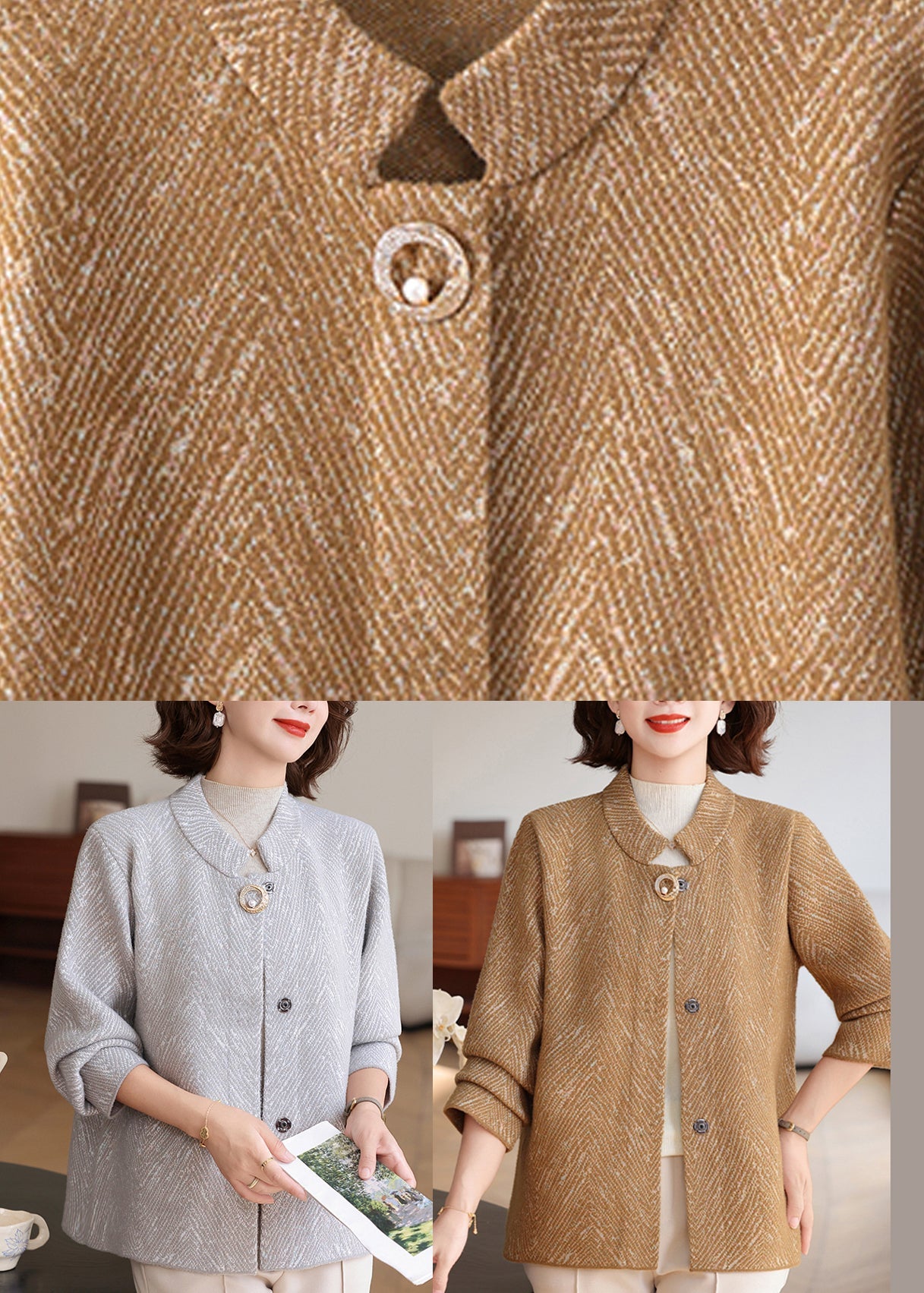 Light Grey O-neck Striped Knit Cardigan Fall