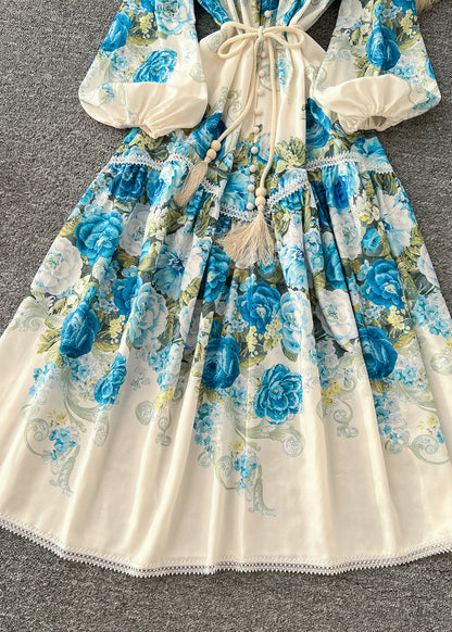 Blue Patchwork Lace Dress Tie Waist Lantern Sleeve