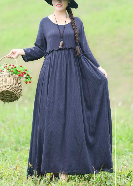 Modern Ruffles Waist Cotton Linen Clothes for Fabrics Blue Maxi Dress