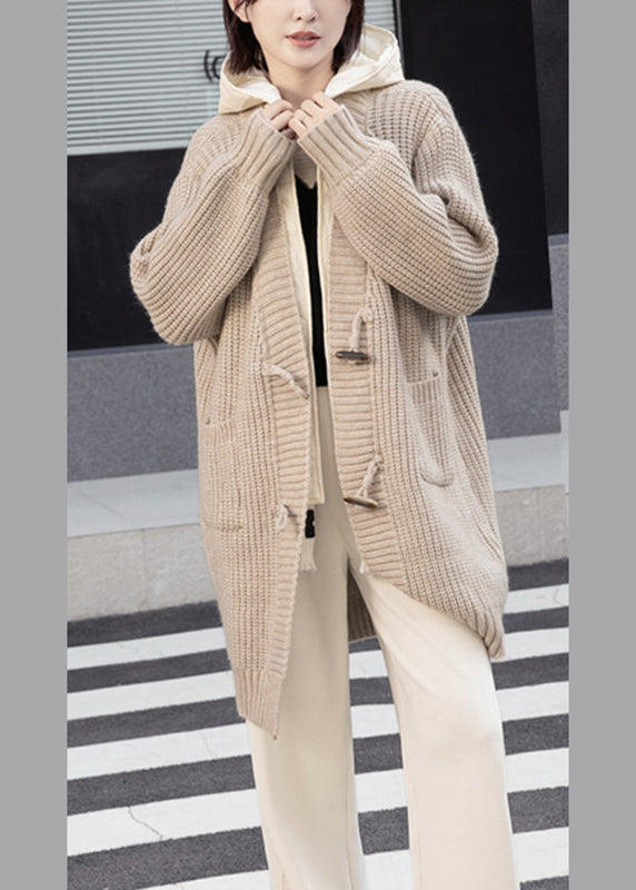 Simple Beige Button Fake Two Pieces Cotton Knit Hooded Coats Spring