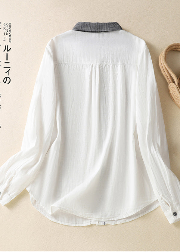White Peter Pan Collar Patchwork Linen Shirt Top Spring