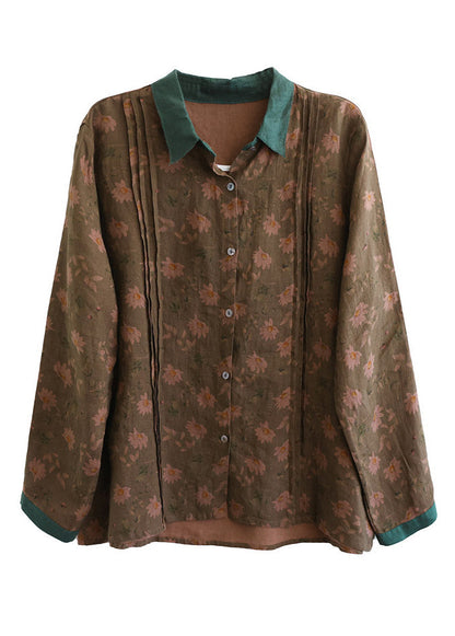 Peter Pan Collar Print Button Linen Shirt Long Sleeve