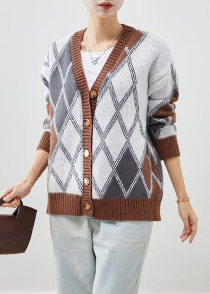 Khaki Oversized Plaid Knit Jacket Fall