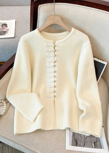 White O-neck Chinese Button Knit Cardigans Winter