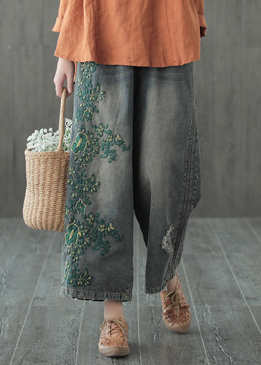 Blue Embroidered Cotton Ripped Jeans Pants Fall