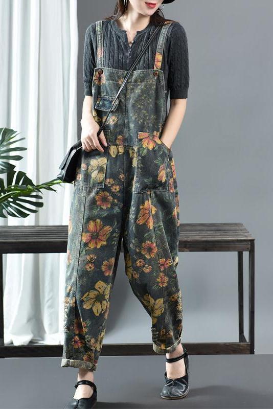 Limited Stock- Flower Print Denim Cotton Jumpsuit Dungarees