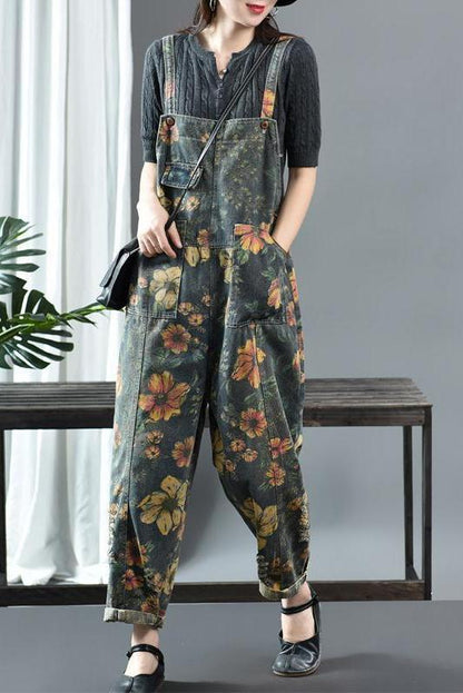 Limited Stock- Flower Print Denim Cotton Jumpsuit Dungarees