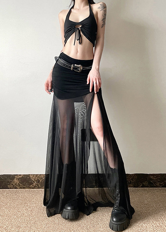 Black Cinched Side Open Tulle Skirts Summer