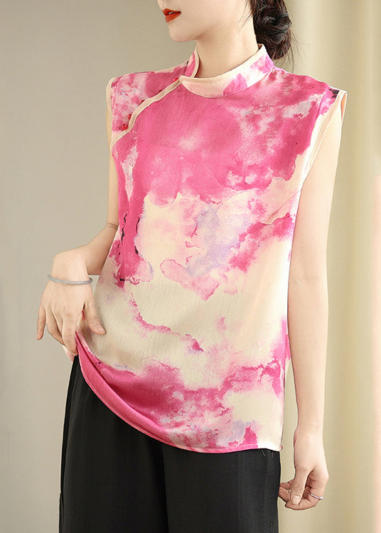 Pink Mandarin Collar Tie Dye Silk Top Sleeveless