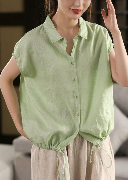 White Peter Pan Collar Lace Up Linen Blouse Summer
